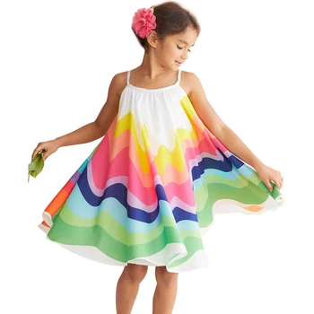 1 2 3 4 5 6 Yıl Kızlar Gökkuşağı Elbise Çocuk Yaz Renkli Rahat Okul Sundress Yürüyor Çocuk Jartiyer Doğum Günü elbise
