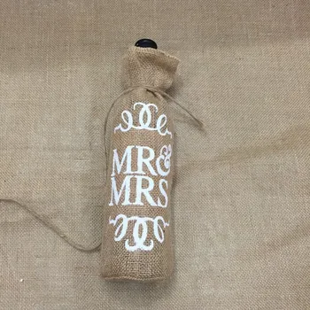 10 adet / grup Mr.& Mrs Jüt Çuval Bezi Şarap Şişesi Kapağı Hediye Çantası Düğün Noel Partisi Dekorasyon
