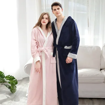 172 Çiftler Mercan Polar Bornoz Kızlar Sıcak Pazen Pijama Kadın Kalınlaşmak Uzun Kollu Kapşonlu Kimono Pijama Bornoz Erkekler Gecelik