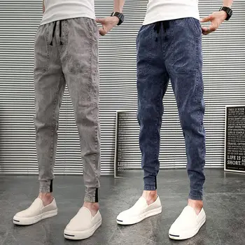 2021 erkek Yaz İnce Slim fit Denim Kırpılmış Pantolon Saf Renk Rahat Birlikte Streç harem pantolon