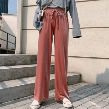2022 kadın Bahar Kadife Zarif Pantolon Yüksek Bel Gevşek Rahat pantolon Sokak Stili Moda Pantolon Harajuku Geniş Bacak Pantolon Gotik