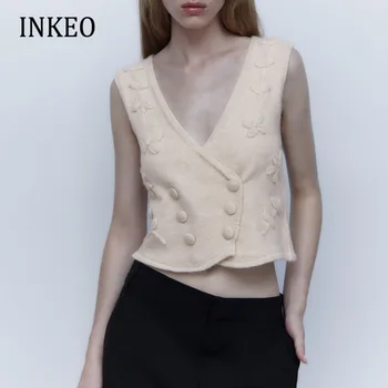 2022 Yeni Nakış örgü yelek Kore Moda V Yaka kruvaze kolsuz kazak Kısa hırka Kadın INKEO 2T309