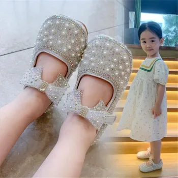 2022 Yeni Çocuk Ayakkabıları İnci Rhinestones Parlayan Çocuklar Prenses Ayakkabı Bebek Kız Ayakkabı Parti ve Düğün İçin