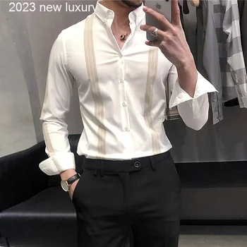 2022 Yüksek Kalite Yaz Yeni Moda İş resmi giysi Bluz Erkekler Tasarım Marka Slim Fit Gömlek Uzun Kollu Çizgili Üstleri W119