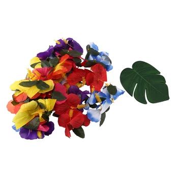 90 Adet Tropikal Palmiye Yaprakları ve Ebegümeci Çiçek, Yapay Yapraklar Bitkiler Ebegümeci Çiçek Fete Deco, Hawaiian Parti Orman Beac