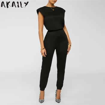 Akaily Streetwear Siyah İnce 2 İki Parçalı Setleri Kadın Eşleşen Seti Katı O Boyun Kolsuz Kırpma Üst Yüksek Bel Uzun pantolon seti 2021