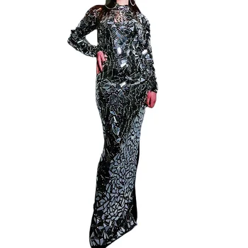 Ayna Yansıtıcı Kadınlar uzun elbise Parlak Siyah Pullu DJ Şarkıcı Sahne dans kostümü Doğum Günü Kutlamak Akşam Balo Elbise