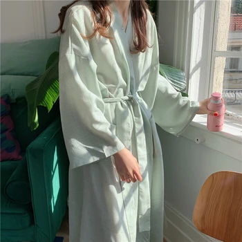 Bahar Ekose Pamuklu Gecelik Kadın V Yaka Dantel Up Casual Uzun Pijama Cepler Tatlı Büyük Boy Gecelik Kimono Kore