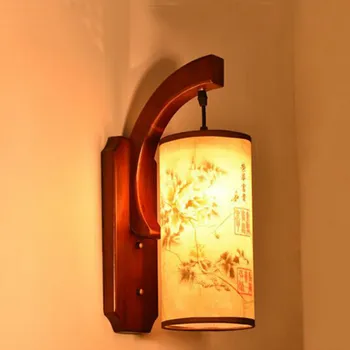Basit Çin antika koyun derisi duvar lambası retro yatak odası başucu lambası koridor koridor lamba otel odası ahşap sanat aydınlatma LB122511