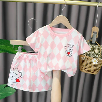 Bebek Kız giyim setleri Yaz Kadın Çocuk Çocuklar Kısa Kollu Aşk Ayı T Shirt Etek Rahat Yürümeye Başlayan Bebek Giysileri