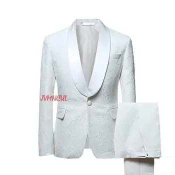 Beyaz Fildişi Şal Yaka Erkek Takım Elbise 2 Parça Slim Fit Takım Elbise Erkek Damat Ceket Smokin düğün elbisesi Akşam(Blazer + Pantolon + Kravat)