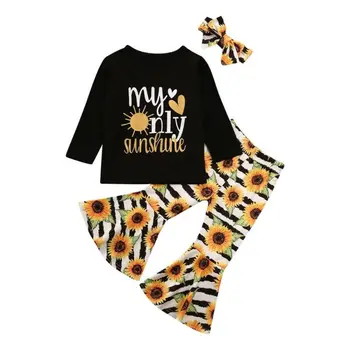 Butik Çocuk Giysileri 3 ADET Yürüyor Çocuk Bebek Kız Giysileri Set Üst Uzun Kollu T-shirt Pantolon + Kafa Bandı Kıyafetler Eşofman