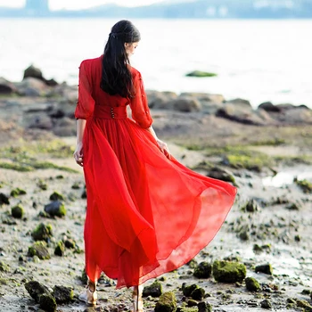 Büyük Kırmızı Elbise Fotoğraf Çekmek için Güzel Etek Süper Peri Büyük Salıncak Zarif Sahil Tatil Zarif plaj elbisesi Dans Elbise 0
