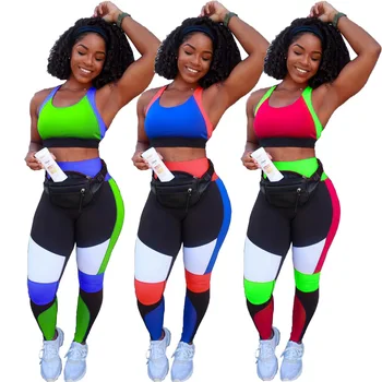 Chiclover Yaz Kolsuz Eşofman Toptan Öğeler Seksi Renk Eşleştirme Casual Kadın Iki Parçalı Set Yelek Tayt Spor Setleri