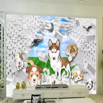 Dekoratif duvar kağıdı pet köpek, kırık duvar, 3D arka plan duvar
