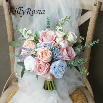 EillyRosia Yeni Varış Pembe ve Mavi Roman Düğün Buket Gelin ve Nedime Tutan Çiçekler Yapay Düğün Seti