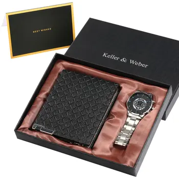 Erkek cüzdanı saat hediye seti Adam Paslanmaz Çelik İş kuvars saatler Siyah Klasik cüzdan Zarif Takım Elbise Kutusu