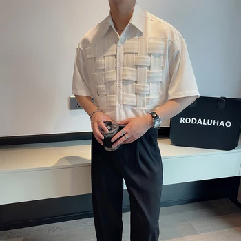 Erkekler Büyük Boy Moda Kore Tarzı Giyim 2022 Yaz Kişiselleştirilmiş El Dokuma Gevşek Gömlek Casual Turn Down Yaka Elbise