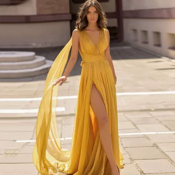Göz alıcı Sarı balo kıyafetleri Boncuklu 3D Çiçek Uzun Cap Sleeve V Boyun Örgün Akşam Partisi Törenlerinde Yüksek Yarık Elbiseler De Soirée