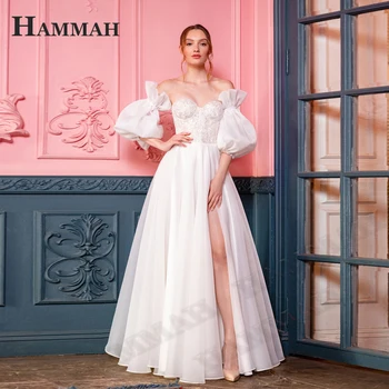 HAMMAH Prenses Bir Çizgi Gelinlik Gelin Yarık Aplikler Fermuar Vestido De Casament Puf Kollu Sevgiliye Backless