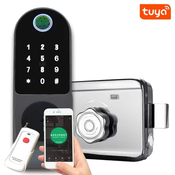 Hiçbir Kablo Tuya Wifi Parmak İzi Akıllı Kapı Kilidi Açık Kapı Şifre RFID Kart Anahtarsız Ön Elektronik Gömme Ev Alarm Kilidi
