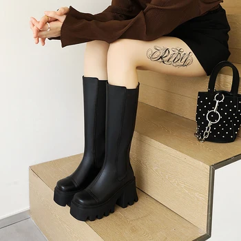 HotGothic Tarzı Kalın Topuk kadın Diz Boyu Çizmeler Kalın Tabanlı Yüksek Top Çizmeler Kare Ayak Yüksek Platformu Uzun Tüp Chelsea Çizmeler