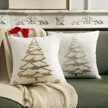 Işlemeli Bronzlaşmaya 3D Noel Ağacı Yastık Festivali Gümüş Yastık Kılıfı 45x45 cm Beyaz minder örtüsü Kanepe Ev Dekoratif