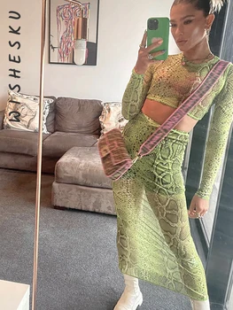 İki Parçalı Set Kadın Yılan Baskı Yeşil Kıyafetler Seksi Uzun Kollu Kırpma Üst + Yüksek Bel İnce Maxi Etekler 2022 İlkbahar Sonbahar Peri Grunge