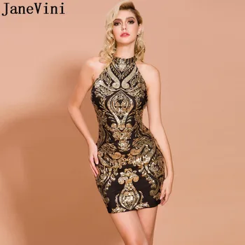 JaneVini Altın Pullu Kolsuz Resmi Elbiseler Kadın Parti Gece Kokteyl Elbiseleri Düğün için 2020 Seksi Siyah Kısa Mini Abiye 0