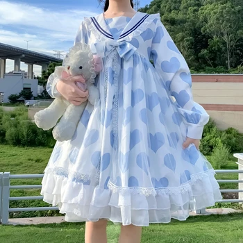 Japon Tarzı Donanma Op Uzun Kollu Örgü Yumuşak Kardeş Ruffles Elbise Kadın İlkbahar ve Sonbahar kawaii giyim tatlı lolita elbise 0