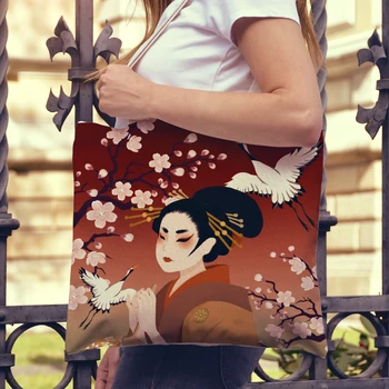 Japonya Vintage Stil Lady Tote Çanta Karikatür yağlıboya Seksi Güzel Kız Rahat Tuval Katlanır Kadın Alışveriş Çantası