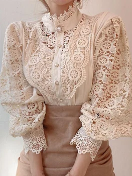 JMPRS Zarif Dantel Kadın Gömlek Vintage Katı Beyaz Ofis Bayanlar Bluz Hollow Moda Inci Düğmeler Fener Kollu Kadın Tops