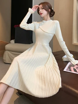 Kadın Retro Zarif Mizaç Örme Kazak Elbise Kış sıcak Pilili Sıska Streç Uzun Çan Kollu Elbise 2022 Yeni Vestido 0