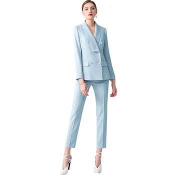 Kadın takım elbise gök mavisi kadın kruvaze takım elbise 2 takım (ceket + pantolon) kadın rahat profesyonel giyim custom made