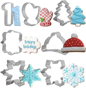 Kar tanesi kurabiye kesici Seti Paslanmaz Çelik Kış Şapka Mitten Noel Ağacı Numarası 1 Fotoğraf Plaklar Hamur Fondan Bisküvi Kalıpları