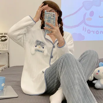 Kawaii Mercan Kadife Pijama Sanrio Cinnamoroll Sevimli Anime Kış Peluş Kalınlaşmış Ev Giysileri Takım Elbise Kız noel hediyesi