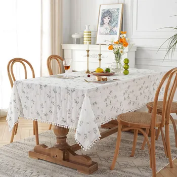 Kırsal İşlemeli Masa Örtüsü Leylak Çiçek Masa Örtüsü Püsküller ile Beyaz Pamuklu Masa Örtüsü Düğün Dekor Dikdörtgen Masa Örtüleri 0