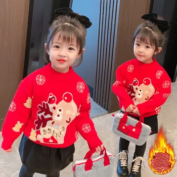 Kız Kazak Çocuklar Dış Giyim Tops 2021 Kırmızı Artı Kalınlaşmak Sıcak Kış Sonbahar Örgü Pamuk Genç Palto Çocuk Giyim