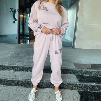 Kış Bayan Takım Elbise Kazak Spor Baskı İki Parçalı rahat pantolon Takım Elbise Sonbahar Uzun Kollu Spor