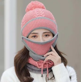 Kış Şapka Sıcak Örme Şapka ve Daire Eşarp Seti OutdoorsScarf Bere Kafatası Kap Kış için 0