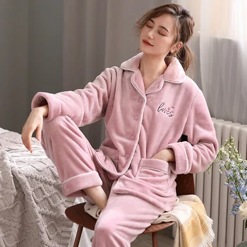 Kışlık pijama Seti Kadın Pijama Turn-aşağı Yaka Pazen Pijama Seti Sıcak Pijama Gecelik