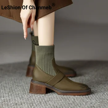 LeShıon of Chanmeb Kadın İngiliz İnek Deri Örgü Kollu Çizmeler Kalın Yüksek Topuklu Kare Ayak Platformu Retro Çizme 34-39 Kış 2023