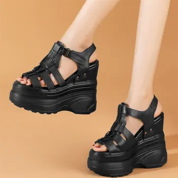 Moda Ayakkabı Kadın Hakiki Deri Takozlar Yüksek Topuk Gladyatör Sandalet Kadın Burnu açık Tıknaz Platformu Pompaları rahat ayakkabılar
