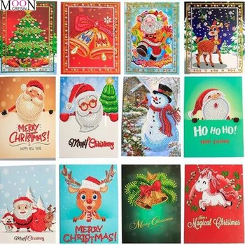 MOONCRESIN 5D Dıy Elmas Boyama Noel Tebrik Kartları Elmas Mozaik Karikatür Mini Noel Baba Merry Christmas Kartları El Sanatları