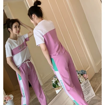 MS Yaz gündelik spor giyim Takım Elbise O-Boyun baskı T shirt + harem pantolon 2020 Kore Moda kadın kıyafetleri Eşofman İki Parçalı Set