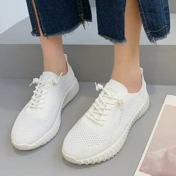 Nefes Örgü Lace Up Sneakers Kadınlar 2022 Yaz Yumuşak Taban Örgü düz ayakkabı Kadın Kaymaz rahat ayakkabılar Artı Boyutu 44