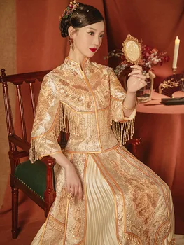 Oryantal Gelin Giyim Çin Tarzı düğün elbisesi Evlilik Takım Elbise Vintage Altın Sequins Boncuk Nakış Püsküller Nakış Qip