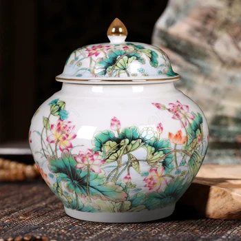 Pastel Lotus Mühürlü Çay Organizatör Çin Vintage Büyük Boyalı Seramik çay konteyneri Sehpa Masaüstü Süs Ev Dekorasyonu