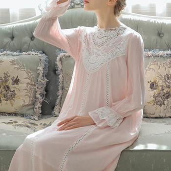 Prenses Pijama viktorya dönemi tarzı elbise Kadın Nakış Pamuk Tam Kollu Uzun Elbise Sabahlık Romantik Vintage Gecelik gece elbisesi