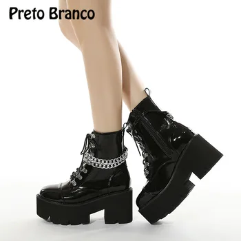 PRETO BRANCO 8cm Topuklu 2022 kadın ayakkabısı Zincir Kalın Tabanlı Su Geçirmez Platform kadın ayakkabısı Kalın Yüksek Topuklu kısa çizmeler Lhx